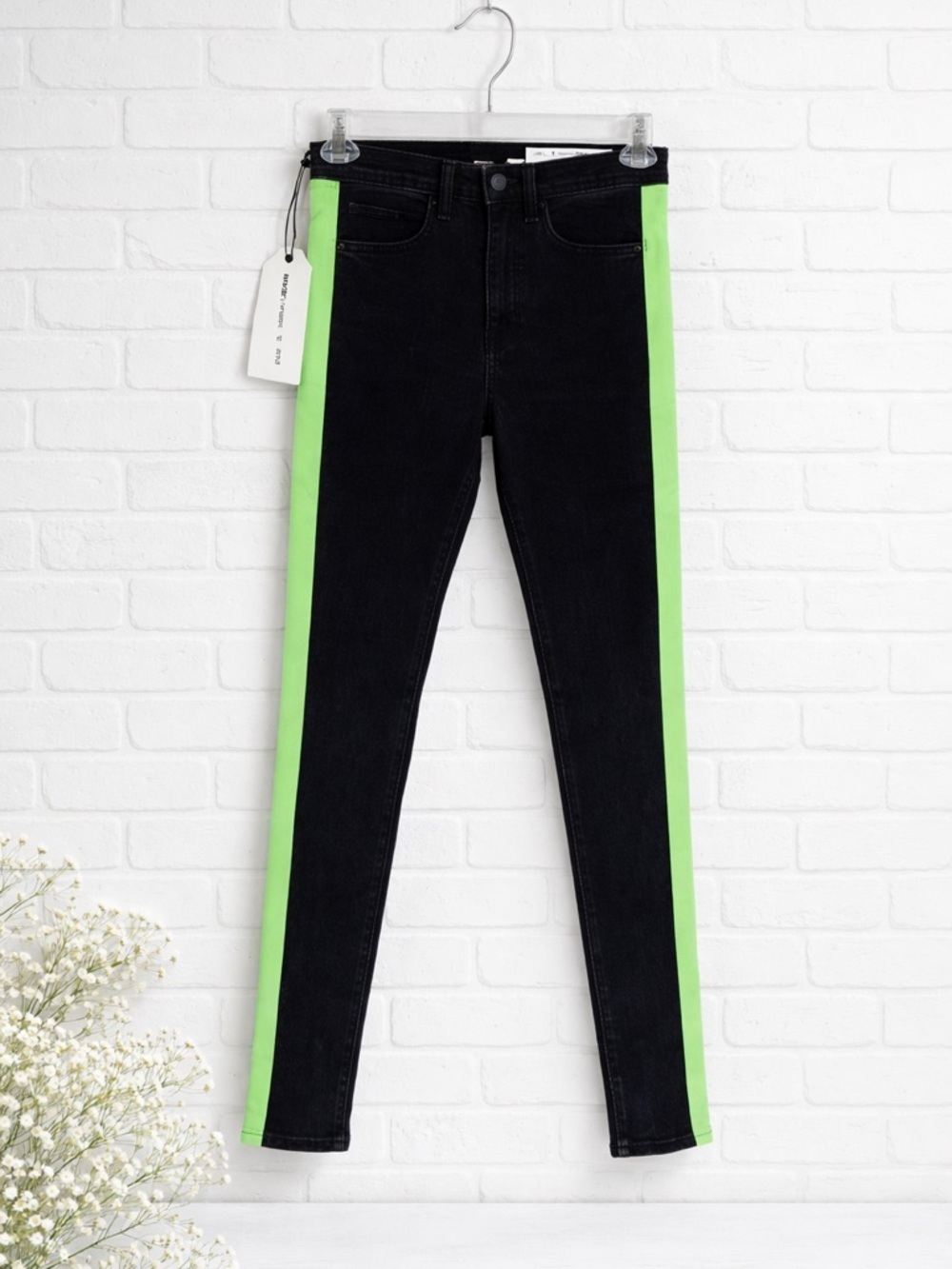Rag & Bone NWT Mazie Black Lime Tuxedo Stripe Skinny Jeans Size 24